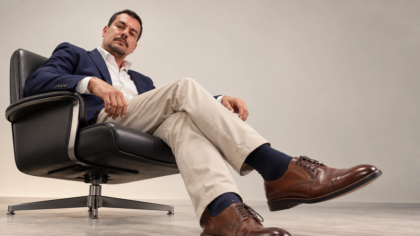 Thiago Cerutti sentado, usando blazer azul e calça bege